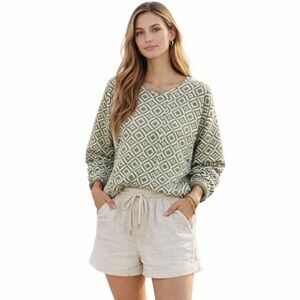 Halston Geometric Knit Sweater | Sage Green | Modern Classic | Crew Neck—Medium